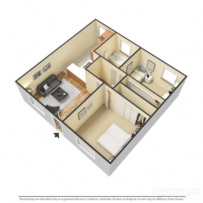 Floor plan for 2 beds, 1 bath, 901 sqft